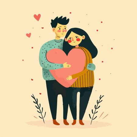 Couple in love holding big heart. Vector illustration in flat styleのイラスト素材