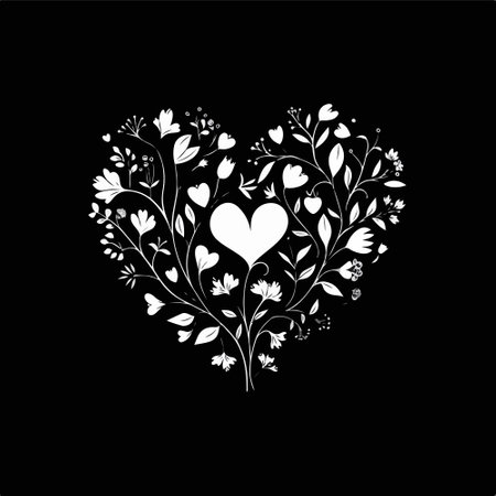 Romantic heart with floral ornament on black background. Vector illustration.のイラスト素材
