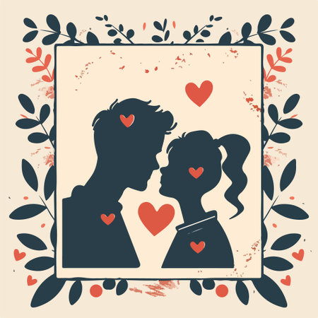 Valentine's day greeting card with silhouette of loving couple. Vector illustration.のイラスト素材
