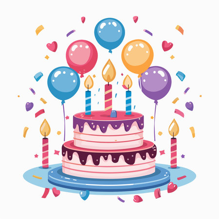 birthday cake with candles and balloons helium decoration vector illustration designiconのイラスト素材