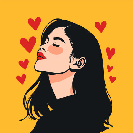 Beautiful girl with red hearts on yellow background. Vector illustration.のイラスト素材