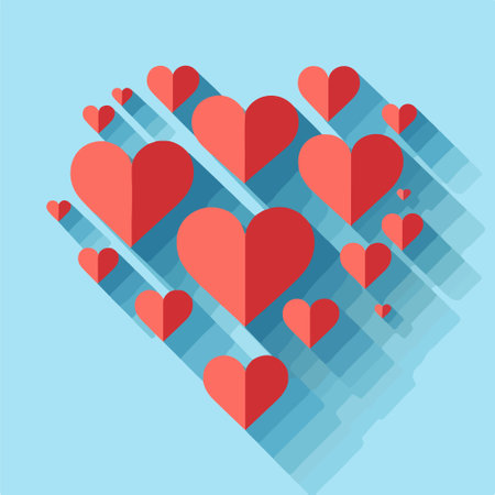 Vector illustration of red hearts in a flat design style on a blue backgroundのイラスト素材