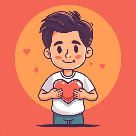 Cute boy holding a red heart. Vector illustration in cartoon style.のイラスト素材