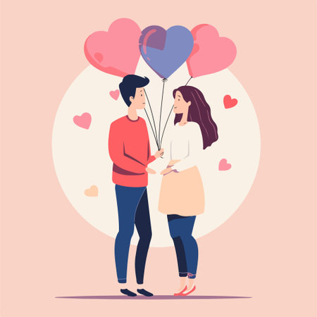 Couple in love with heart shaped balloons. Vector illustration in flat styleのイラスト素材