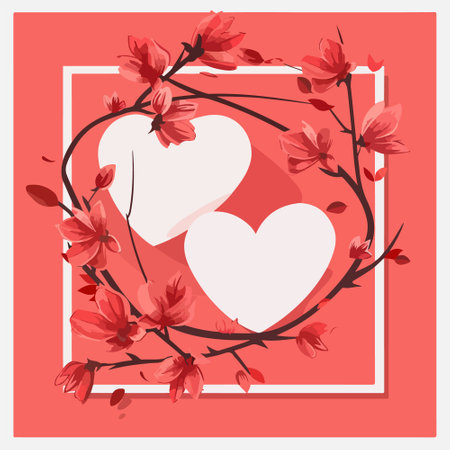 Beautiful greeting card with cherry blossoms and hearts. Vector illustration.のイラスト素材