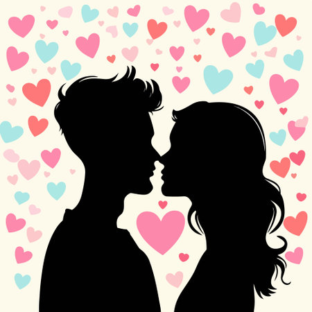 silhouette of a loving couple on a light background with heartsのイラスト素材