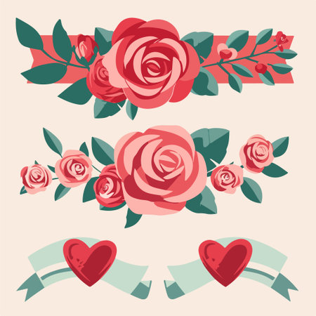 Set of vintage roses with ribbons and hearts. Vector illustration.のイラスト素材