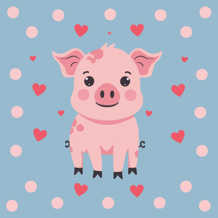 Cute pig with hearts on a blue background. Vector illustration.のイラスト素材