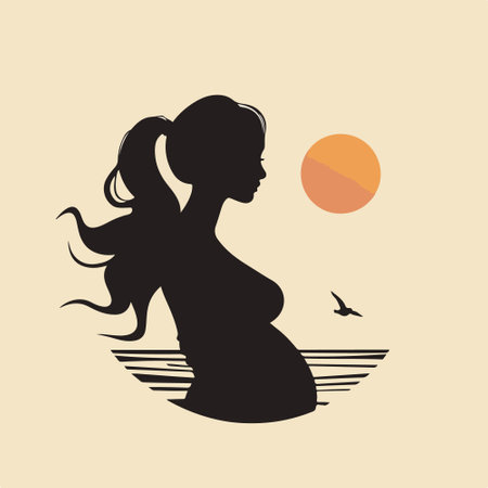 Silhouette of a pregnant woman on the beach. Vector illustration.のイラスト素材