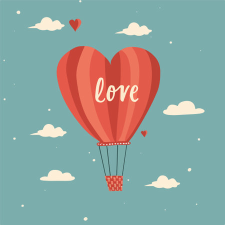 Red hot air balloon with love lettering in the sky. Vector illustration.のイラスト素材