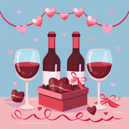 Valentine's day greeting card with wine, gift box and heartsのイラスト素材