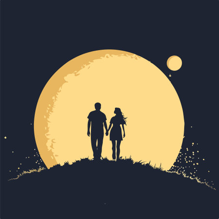 Silhouette of a family on the background of the moon. Vector illustrationのイラスト素材