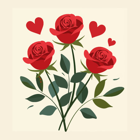 Beautiful red roses with hearts on a light background. Vector illustration.のイラスト素材