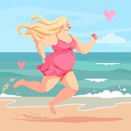 Pregnant woman running on the beach. Vector illustration in cartoon styleのイラスト素材