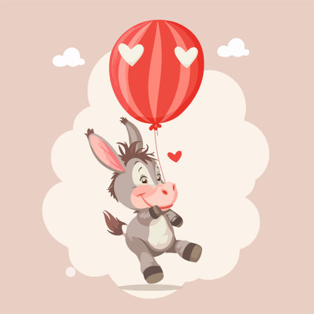 Illustration of a Cute Donkey Flying with a Red Heart Balloonのイラスト素材