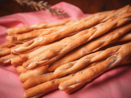Bread sticks on a pink napkin on a wooden background.