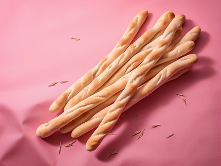 bunch of grissini breadsticks on pink background, top viewの写真素材