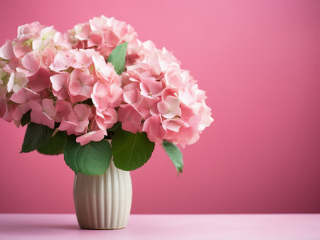 Pink hydrangea flowers in vase on pink background.の写真素材