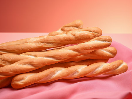 Freshly baked baguettes on a pink and orange background.の写真素材