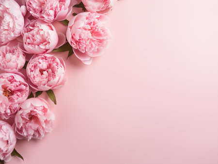 Pink peony flowers on pink background. Flat lay, top viewの写真素材