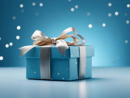 Blue gift box with silver bow on blue background with bokehの写真素材