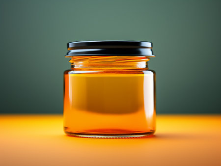 Honey in a glass jar on orange and green background. 3d renderの写真素材