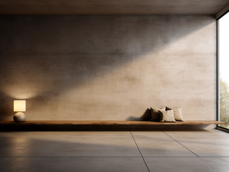 Interior of modern living room with concrete walls, tiled floor, comfortable sofa with cushions and lamp. 3d renderingの写真素材