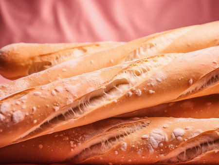 Freshly baked baguettes on pink background. Toned.の写真素材