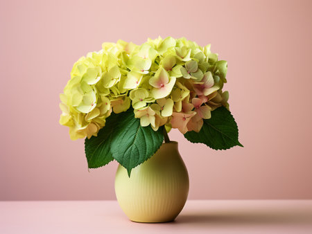 Beautiful hydrangea flowers in vase on pink backgroundの写真素材