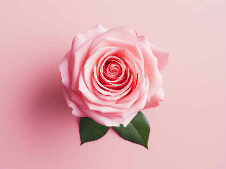 Pink rose on a pink background. Flat lay, top view.の写真素材