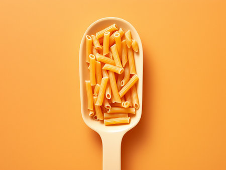 Top view of a spoon full of Italian pasta on orange backgroundの写真素材