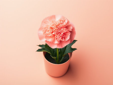 Pink carnation flower in a pot on a pastel pink backgroundの写真素材