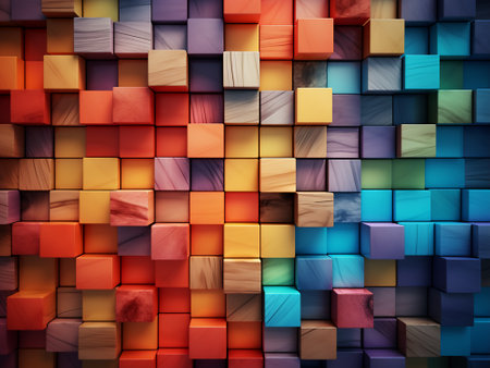 Colorful abstract background made of wooden cubes, 3d render illustrationの写真素材