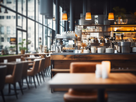 Interior of a cafe with tables and chairs, selective focus.の写真素材