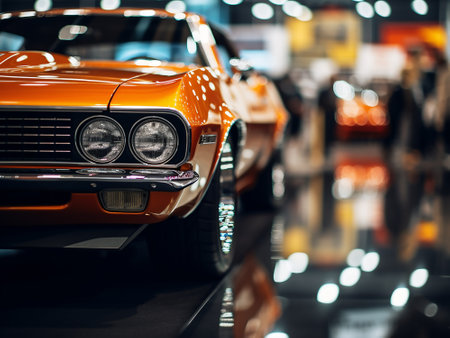 Close-up of an orange retro car in the showroom.の写真素材