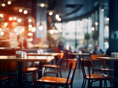 Empty tables and chairs in a cafe or restaurant. Blurred background.の写真素材