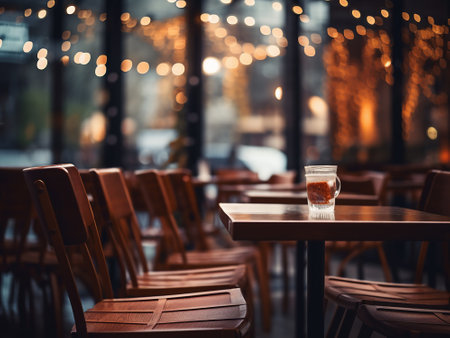 Empty wooden table and chairs in a coffee shop. Selective focus.の写真素材