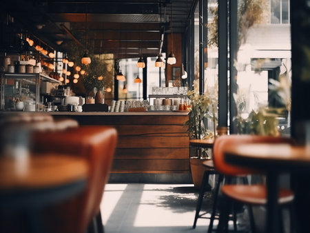 Coffee shop interior with tables and chairs, vintage tonedの写真素材