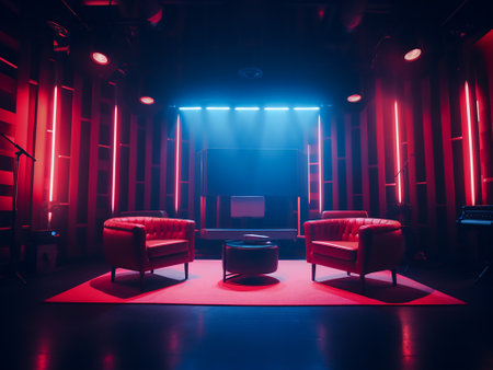 Interior of a dark room with red chairs. 3D Renderingの写真素材