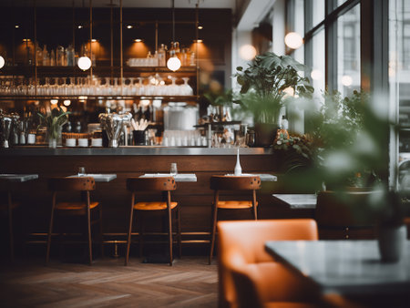 Coffee shop interior with tables and chairs, vintage tonedの写真素材