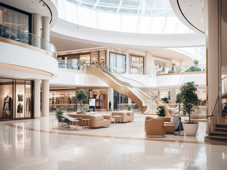 Interior of modern shopping mall with escalators and walking people.の写真素材