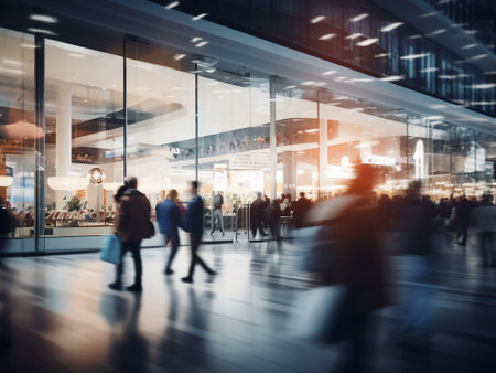 Blurred image of people walking in the lobby of a modern office buildingの写真素材
