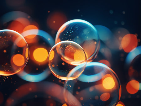 abstract background with bokeh defocused lights and soap bubblesの写真素材
