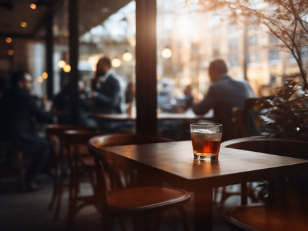 Glass of whiskey on a wooden table in a pub or bar.の写真素材