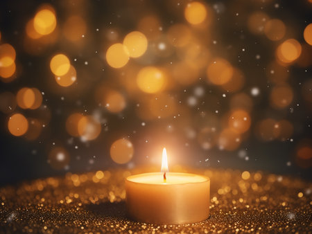 Burning candle on bokeh background. Christmas and New Year conceptの写真素材
