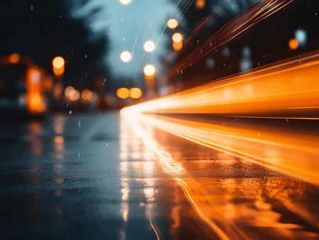 Car light trails on wet asphalt road in city at night, motion blur