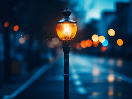 Street lamp in the city at night with bokeh lights.の写真素材