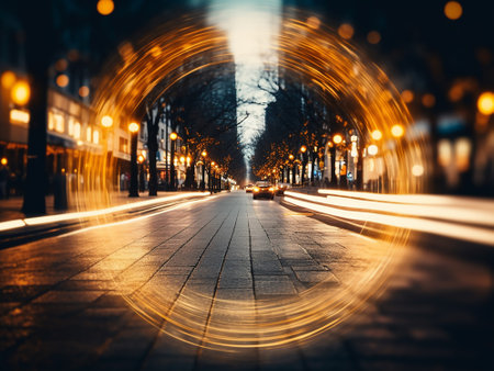 Long exposure photo of light trails on the streets of the city.の写真素材