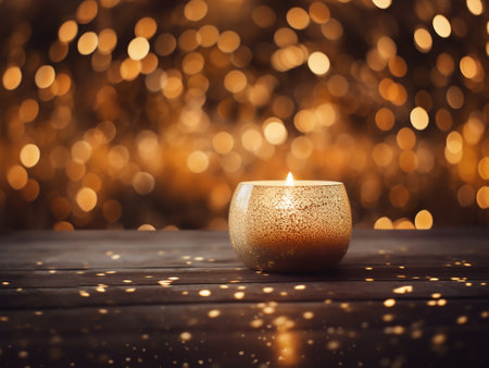 Burning candle on bokeh background. Christmas and New Year conceptの写真素材