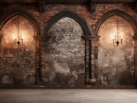 Interior of an old room with brick wall and arches.の写真素材